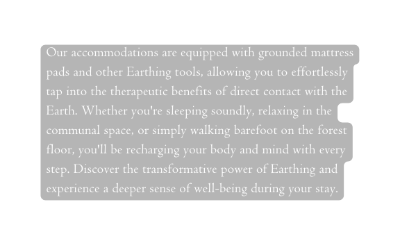 Our accommodations are equipped with grounded mattress pads and other Earthing tools allowing you to effortlessly tap into the therapeutic benefits of direct contact with the Earth Whether you re sleeping soundly relaxing in the communal space or simply walking barefoot on the forest floor you ll be recharging your body and mind with every step Discover the transformative power of Earthing and experience a deeper sense of well being during your stay